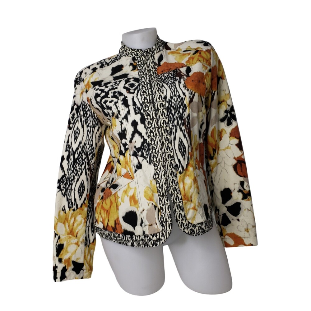Chico's Black & Gold Animal Floral Print Blazer Size 1 Medium